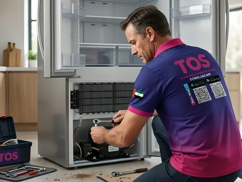 A TopOne technician repairing a fridge