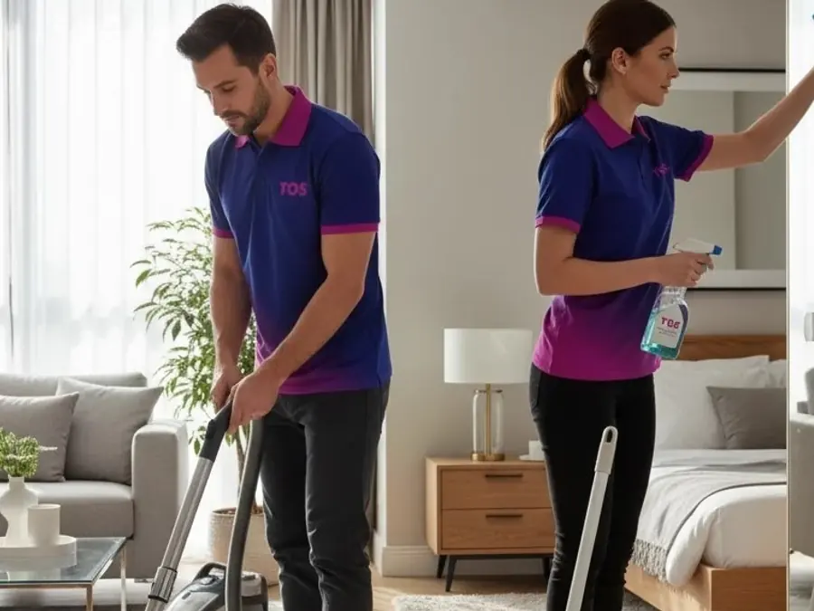 A TopOne team deep cleaning an apartment living room