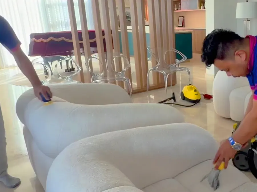 A TopOne cleaner treating a sofa cushion with a hand extraction tool