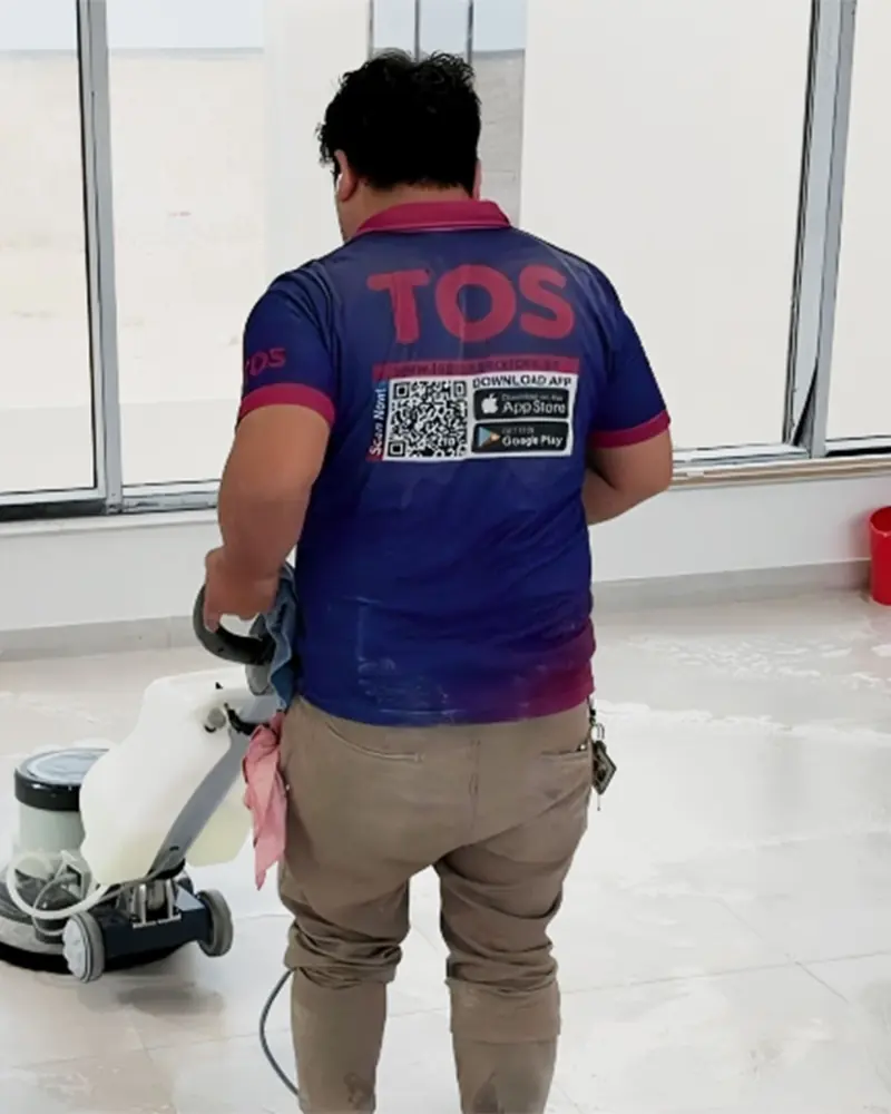 TopOne cleaner deep cleaning a villa floor with a single-disc machine