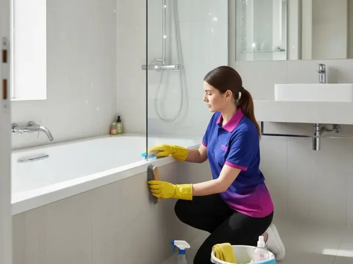 TopOne cleaner scrubbing a bathtub and tiles