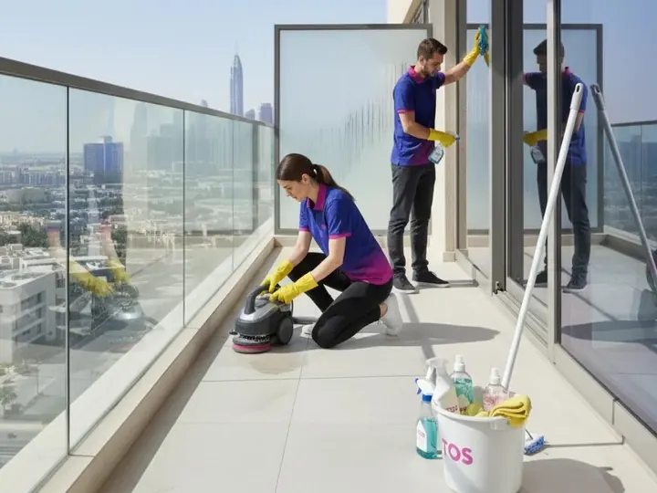 TopOne team cleaning a balcony floor and glass railing