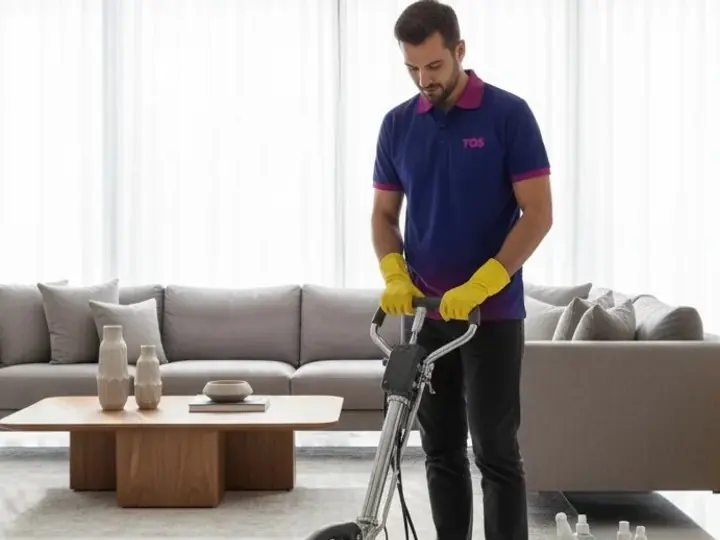 TopOne cleaner using a floor machine in a living room